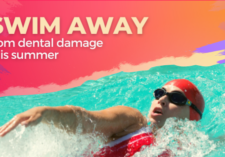 Photo of person swimming in a pool wearing a swim cap and goggles, with article title text: swim away from dental damage this summer
